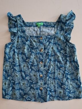 Dip Blue & White Floral Square-neck Flutter-sleeve Button-up Blouse (Size M)